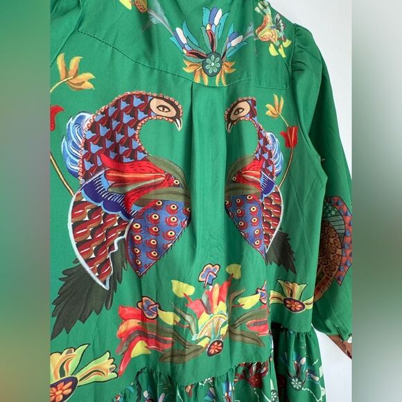 🦚 Alemais-Inspired Green Shirt Dress – EUC – Fall Birds + Button Front 🦚 - Picture 4 of 5